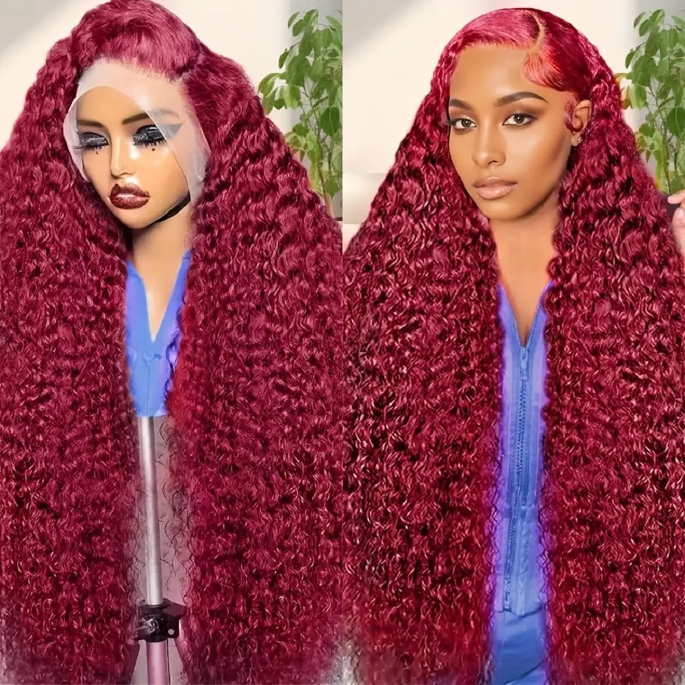 Human Hair Wigs - 200 Yoğunluklu Bordo Derin Dalgalı Gerçek